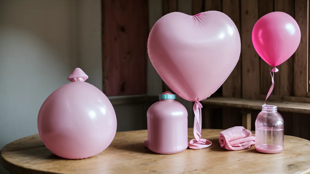 Tanque de helio desechable rosa junto a globos de látex sin inflar en una mesa