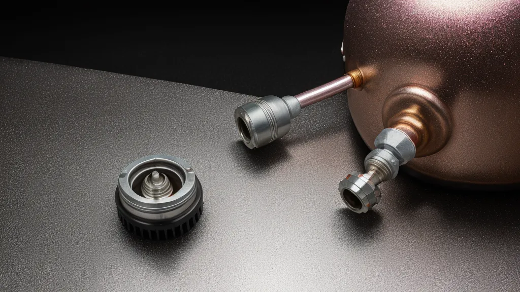 Detalle de una válvula de tanque de helio profesional con escarcha por el frío