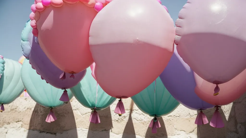 Globos de látex de 11 pulgadas flotando contra una pared de colores vibrantes