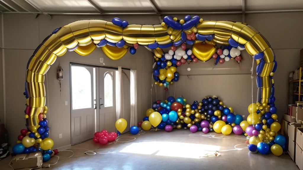 Arco de globos dorados y blancos a medio terminar en una cochera familiar