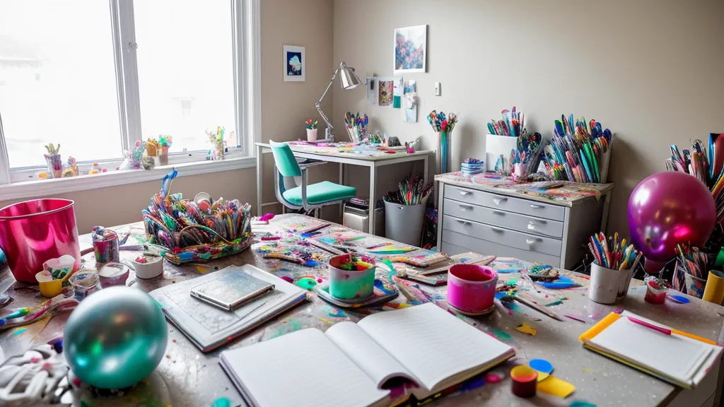 Espacio de trabajo con herramientas de decoración de globos y una libreta de notas