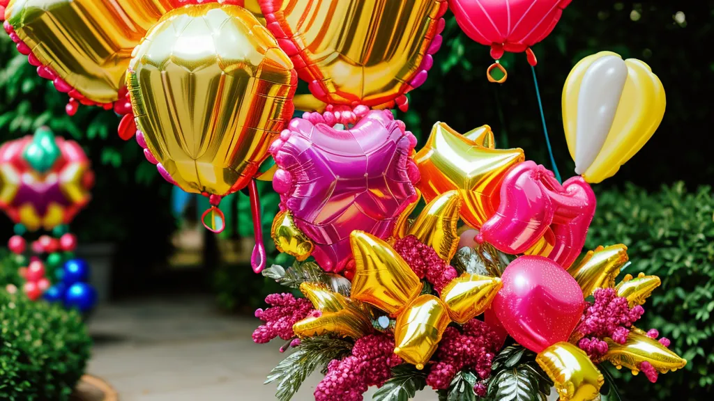 Bouquet de globos con movimiento dinámico en una terraza, ejemplo de pesa calculada para resistir el viento
