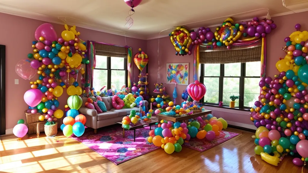 Bouquet de globos con base de aire apoyado en el suelo de una sala