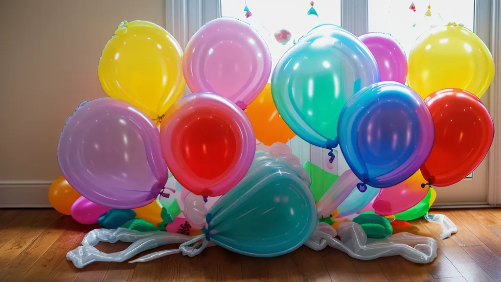 Bolsas de globos de látex abiertas y mezcladas en el suelo de una casa, ejemplo de mala gestión de espacio