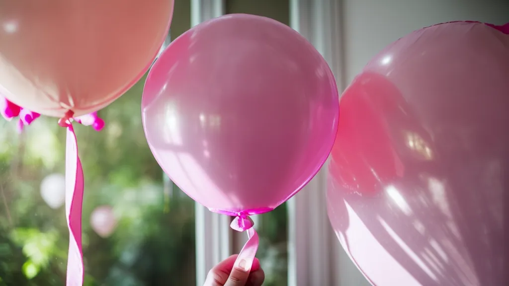 Manos de mujer torciendo un globo largo rosa dejando una sección sin inflar.