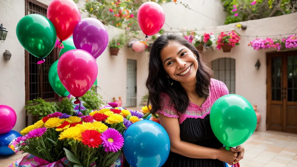 Mamá sonriendo mientras acomoda un ramo de globos en una terraza con azulejos mexicanos.