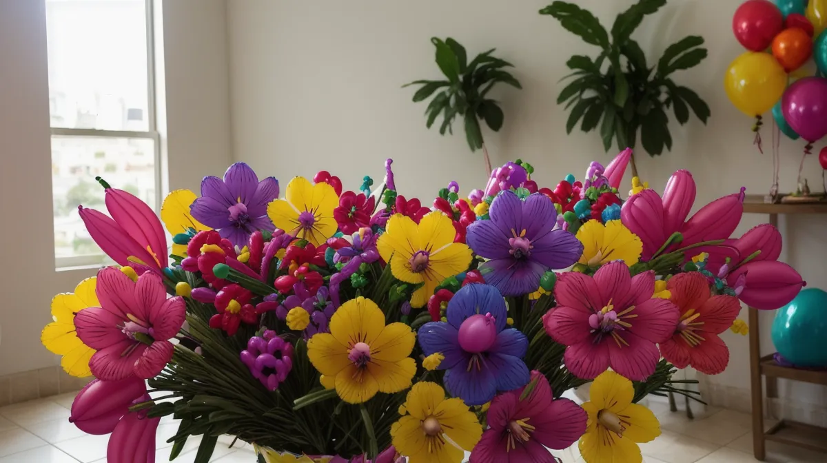 Marcas de globos para globoflexia resistente: ramo de flores de globos terminado, ejemplo de decoración de fiestas en México
