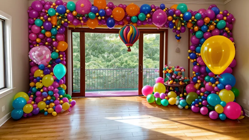Decoradora montando globos de Halloween en una pared alta usando una escalera