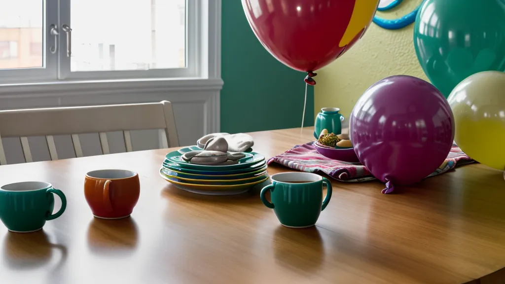 Mesa de cocina con bolsas de globos y un celular organizando una fiesta