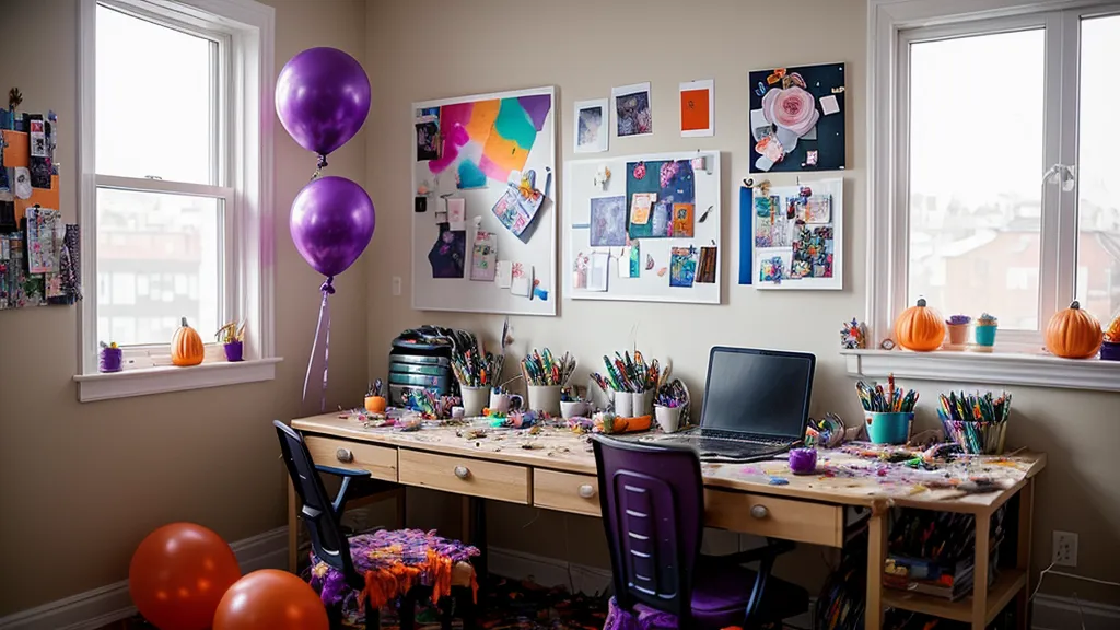 Espacio de trabajo creativo con laptop y globos de colores para Halloween