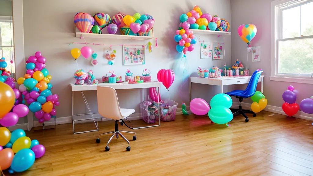 Espacio de trabajo con globos de látex de diferentes tamaños y un celular
