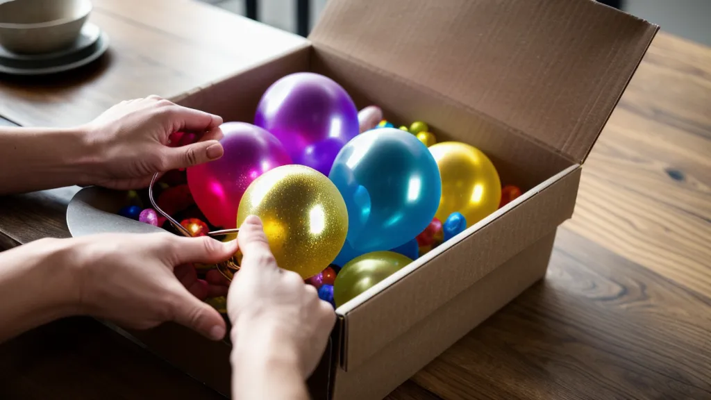 Manos quitando grapas de una caja de cartón para evitar accidentes con globos