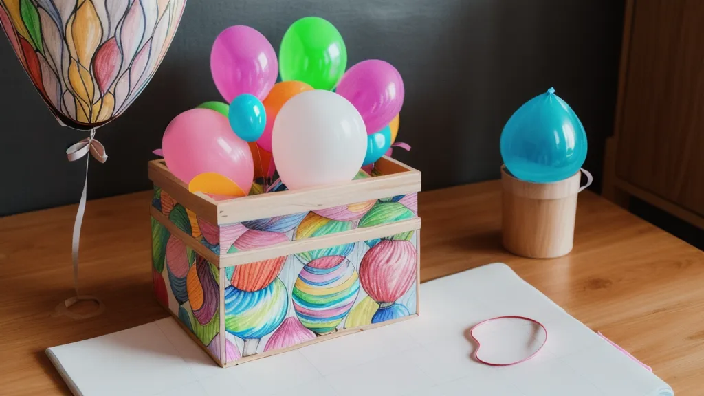 Boceto a mano de una caja sorpresa con globos en un cuaderno