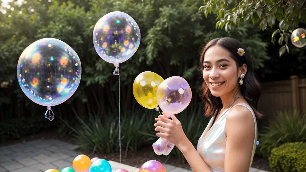 Mamá decoradora feliz con su ramo de globos burbuja terminado y brillante