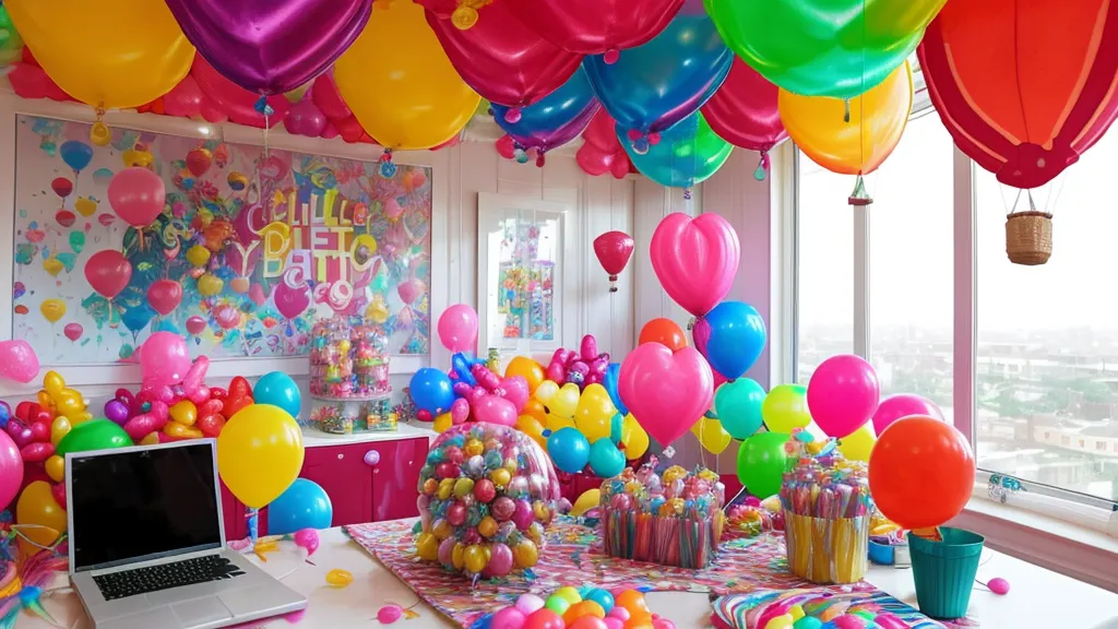 Boceto digital de decoración con globos en una laptop junto a globos reales