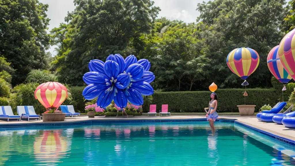 Flores gigantes hechas con técnica de distorsión decorando una fiesta de alberca.