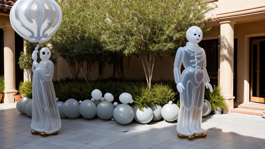 Fantasma gigante de globos blancos decorando un patio para una fiesta de Halloween al aire libre