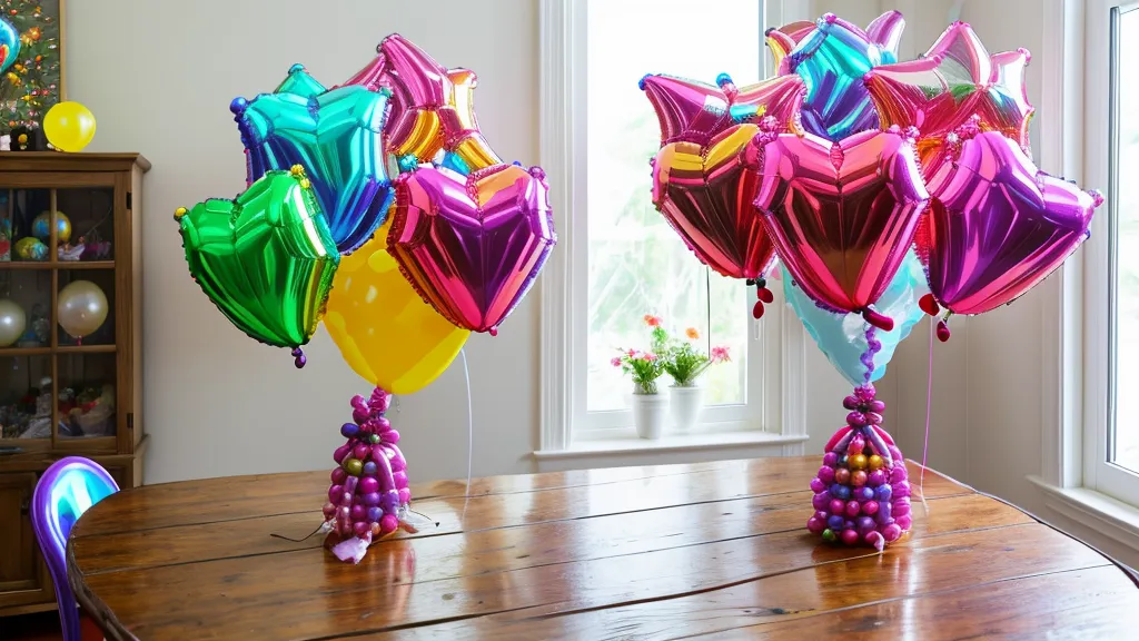 Arreglo de globos con número 40 y estrellas junto a un pastel