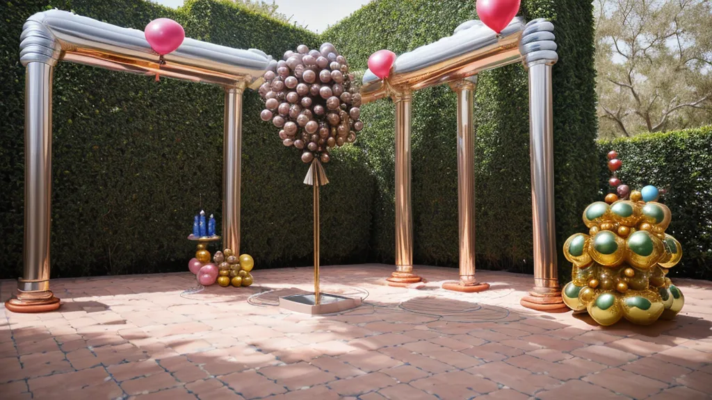 Columna de globos terminada con número gigante en un patio soleado