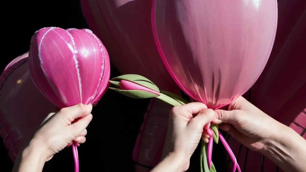 Primer plano de técnica de nudo tulipán en globo largo rosa