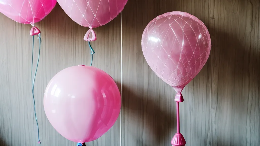 Inflador eléctrico de globos rosa sobre mesa con globos de colores