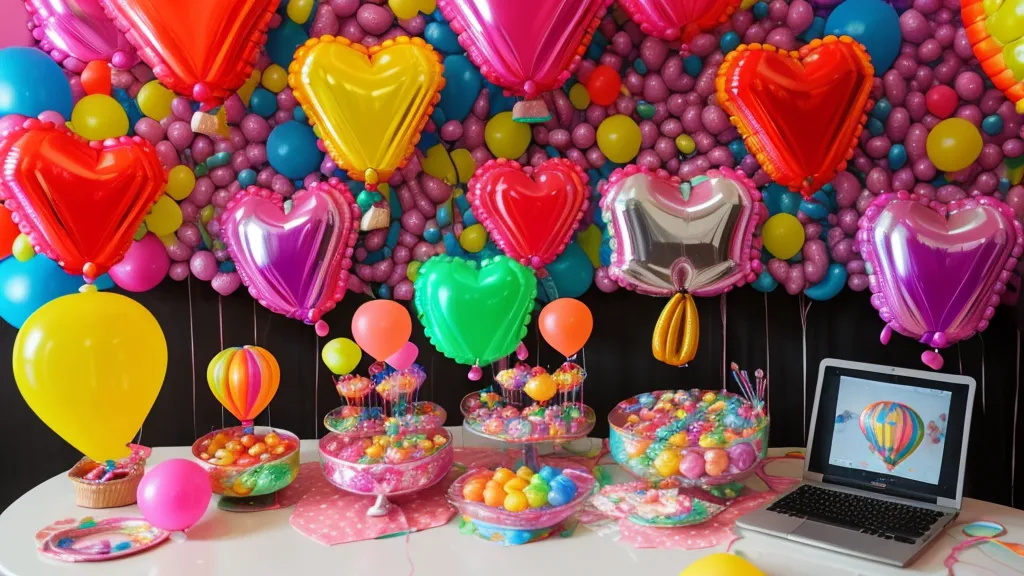Computadora mostrando curso de globos rodeada de herramientas de decoración