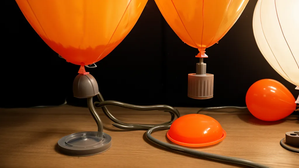 Inflador de globos de plástico roto junto a globos de Halloween sin inflar