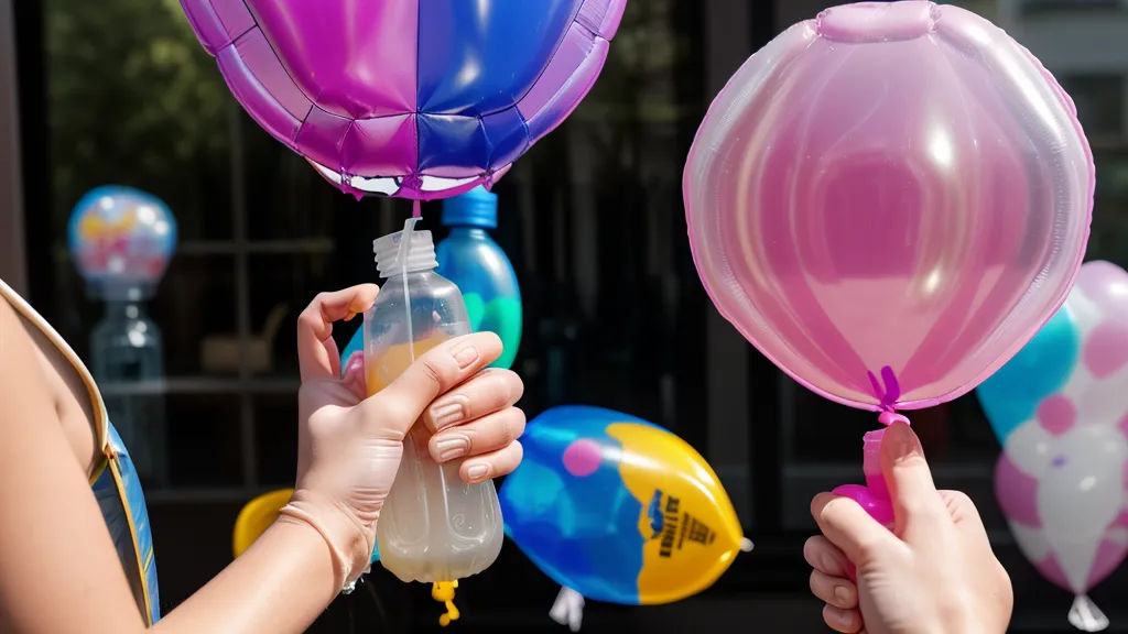 Manos preparando un globo de látex con sellador líquido antes de inflar