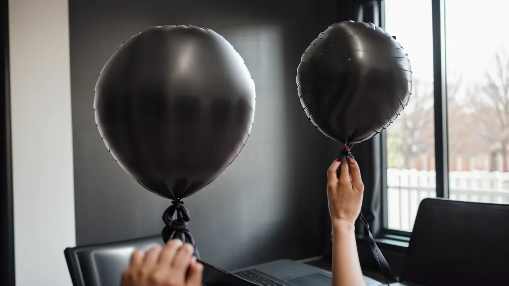 Manos de mujer anudando globos mientras sigue un curso de decoración en línea